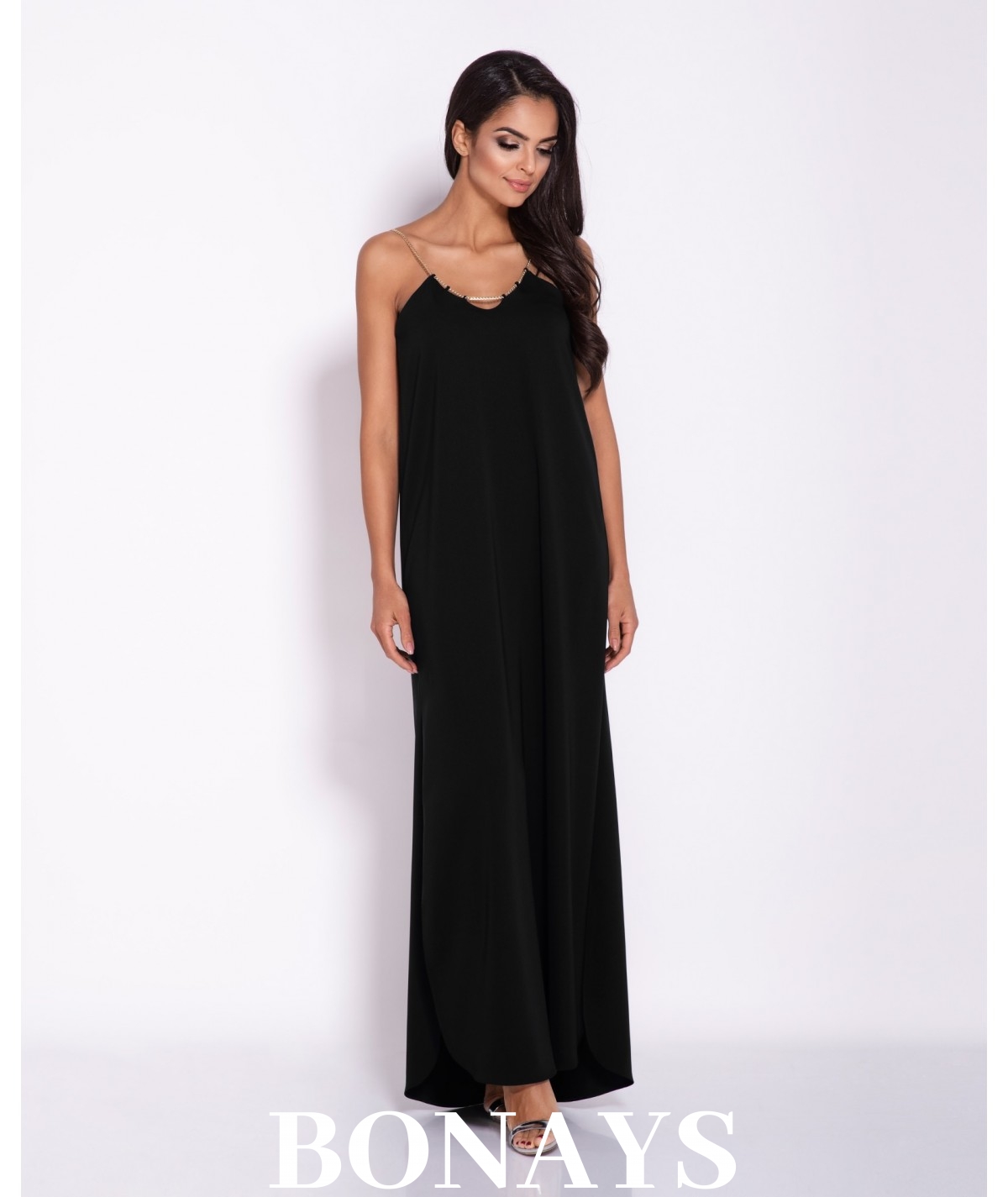 Długa, elegancka sukienka na łańcuszku Inez - czarna