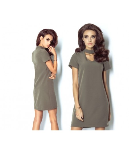 Luźna sukienka z dekoltem i krótkim rękawem - ELENA - khaki