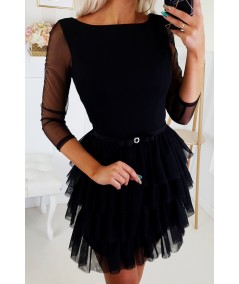 Czarna dopasowana sukienka z falbankami i tiulowym rękawem LIA