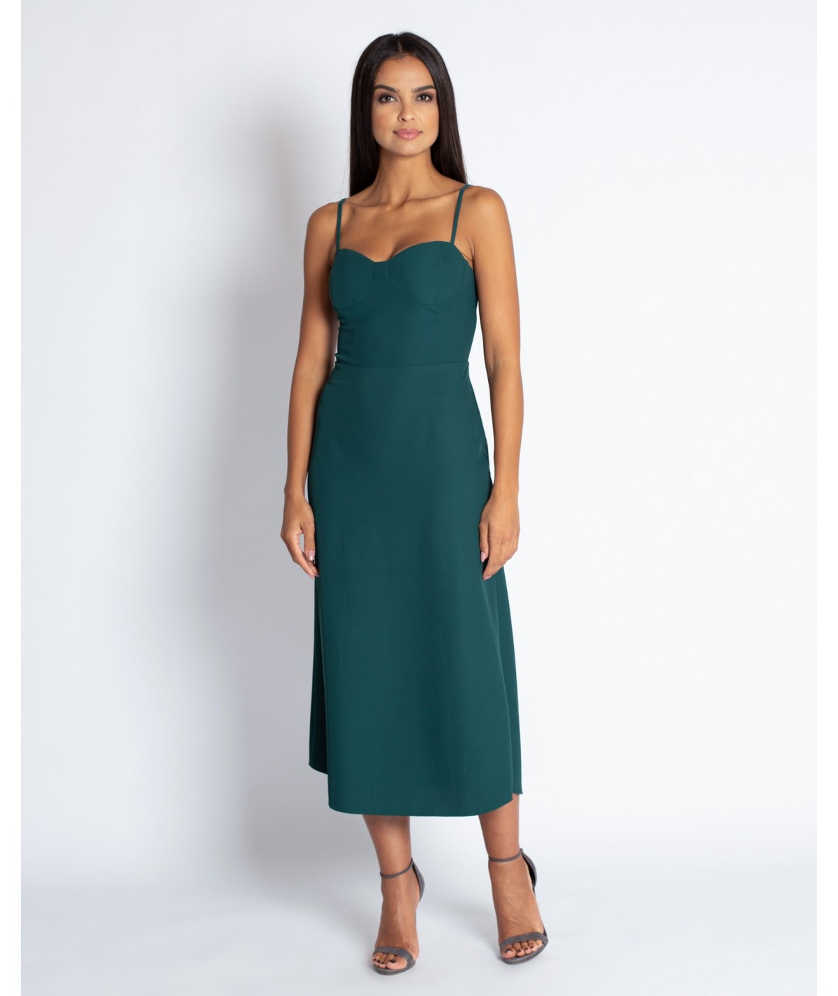 Zielona prosta sukienka midi na cieniutkich ramiączkach, model Nail