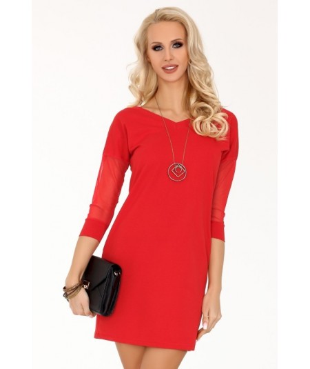 Czerwona elegancka sukienka z tiulowym rękawem Betanisa