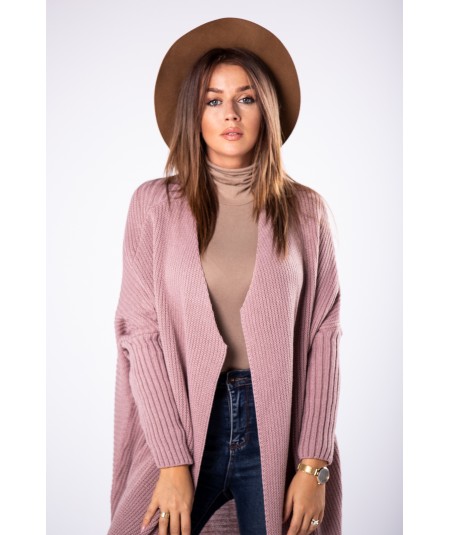 Wrzosowy długi sweter damski typu płaszcz