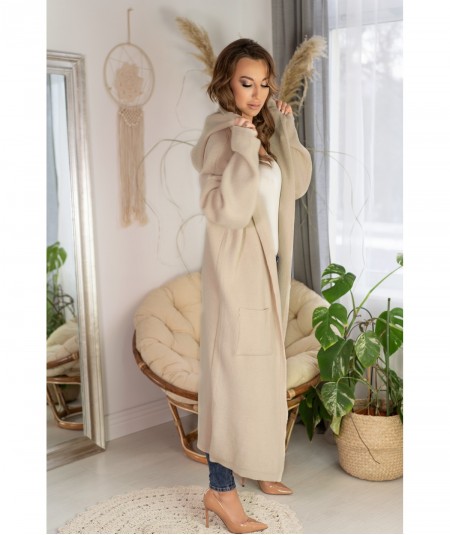 Beżowy długi kardigan z kapturem Renum