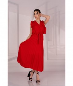 Czerwona sukienka midi z falbankami i dekoltem Merlotina