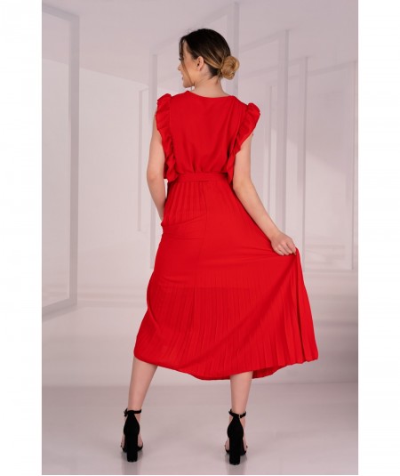 Czerwona sukienka midi z falbankami i dekoltem Merlotina