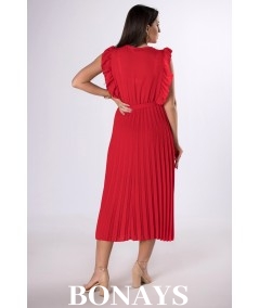 czerwona sukienka z plisowaniem kopertowa