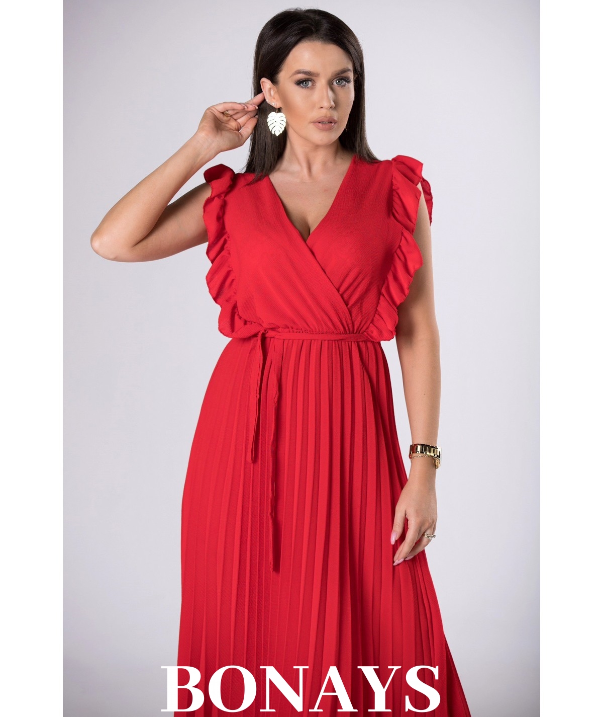 czerwona sukienka z plisowaniem kopertowa