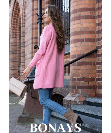 Różowy dłuższy kardigan z szerokim kołnierzem Kandilla