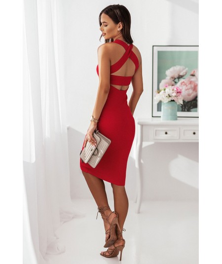 Bandażowa sukienka midi z wyciętymi plecami Venita czerwień