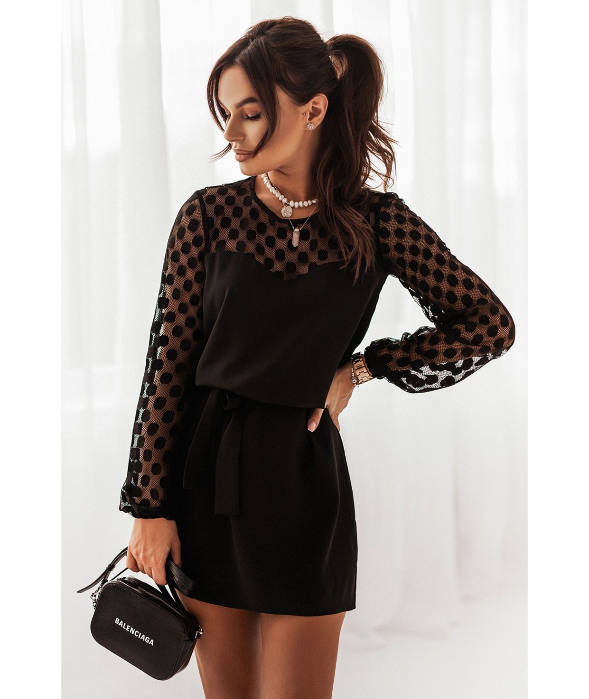 Czarna sukienka Malena z siateczką w grochy