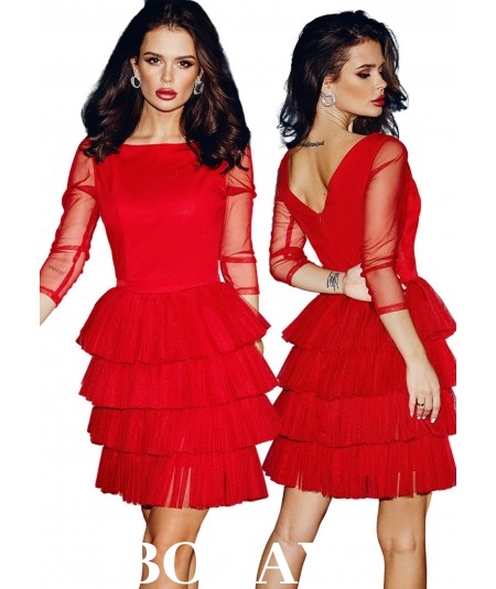 czerwona dopasowana sukienka z falbankami tiulowymi bicotone