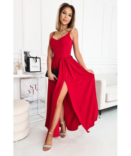 Mieniąca się czerwona sukienka maxi z rozcięciem na nogę Aldina