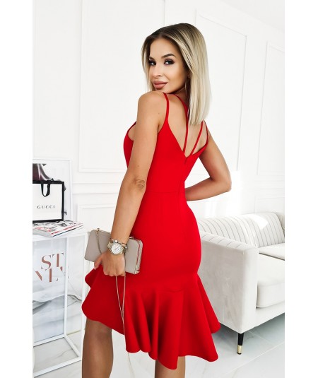 Dopasowana czerwona sukienka z falbaną Judite bicotone