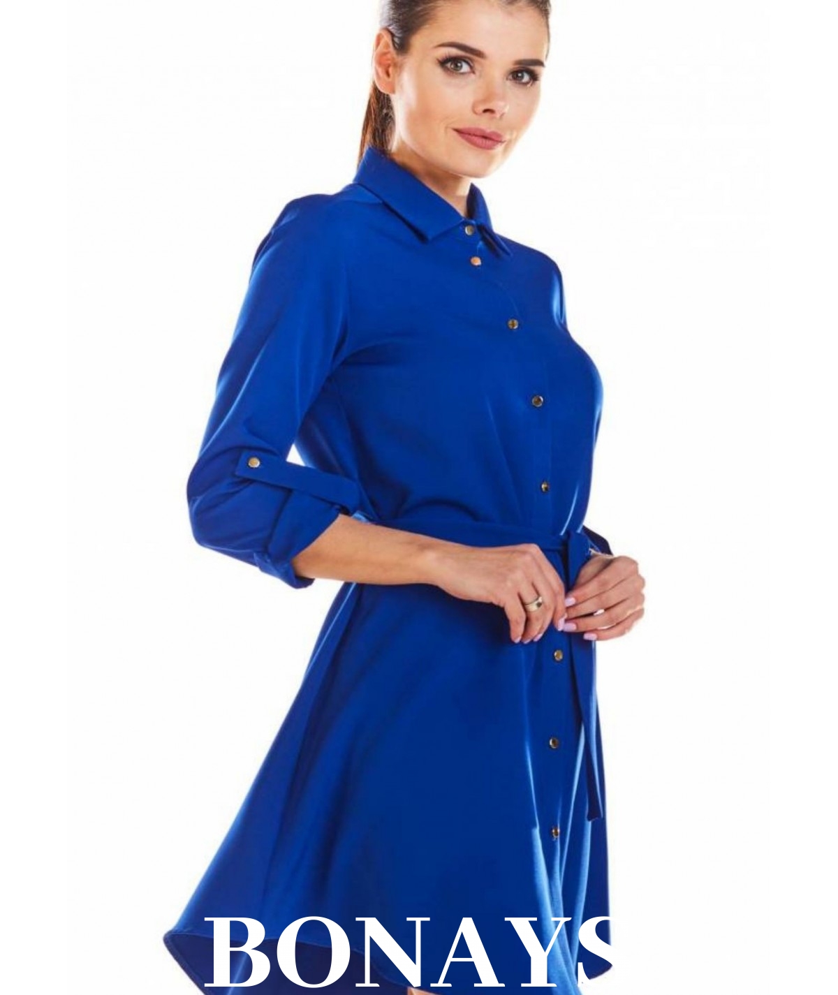 Koszulowa niebieska sukienka z guzikami i wiązaniem Agata