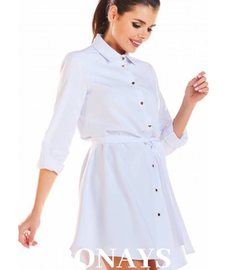 Koszulowa biała sukienka z guzikami i wiązaniem Agata