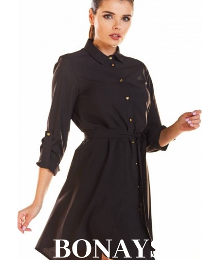 Koszulowa czarna sukienka z guzikami i wiązaniem Agata