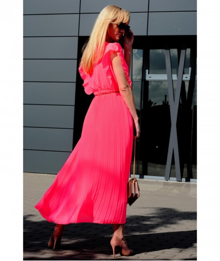 Plisowana sukienka maxi w kolorze neonowego różu