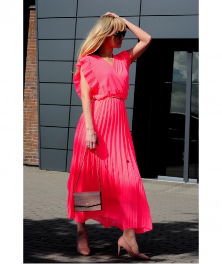 Plisowana sukienka maxi w kolorze neonowego różu
