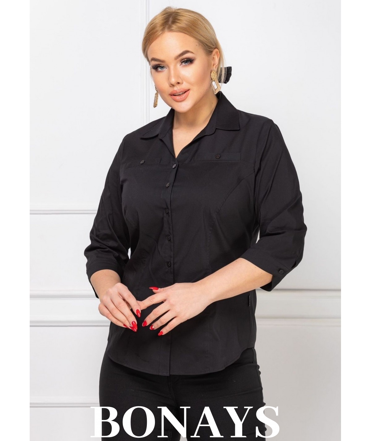 Czarna koszula z kołnierzykiem i rękawem za łokieć Plus Size