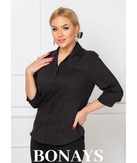 Czarna koszula z kołnierzykiem i rękawem za łokieć Plus Size