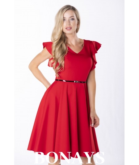 Czerwona sukienka midi o rozkloszowanym fasonie wesele MILLA