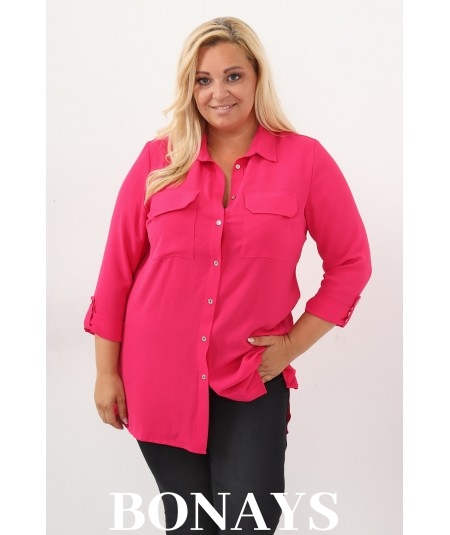 Różowa długa koszula z kieszonkami na biuście SANDRA