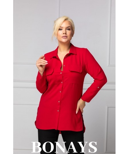 Czerwona długa koszula z kieszonkami na biuście SANDRA
