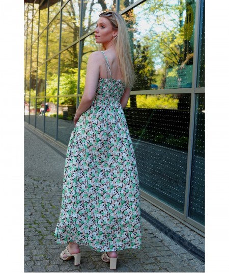 Bawełniana sukienka maxi w kwiatuszki zielona Fiolala