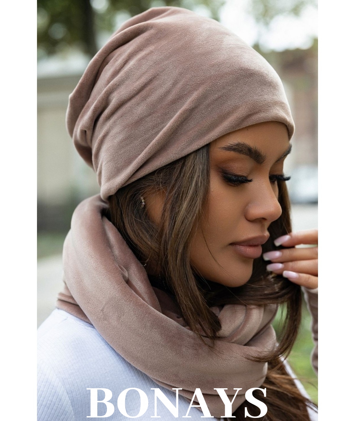 Mocca welurowy komplet czapka i komin