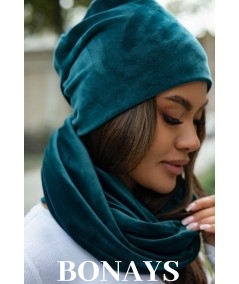 Zielony welurowy komplet czapka i komin