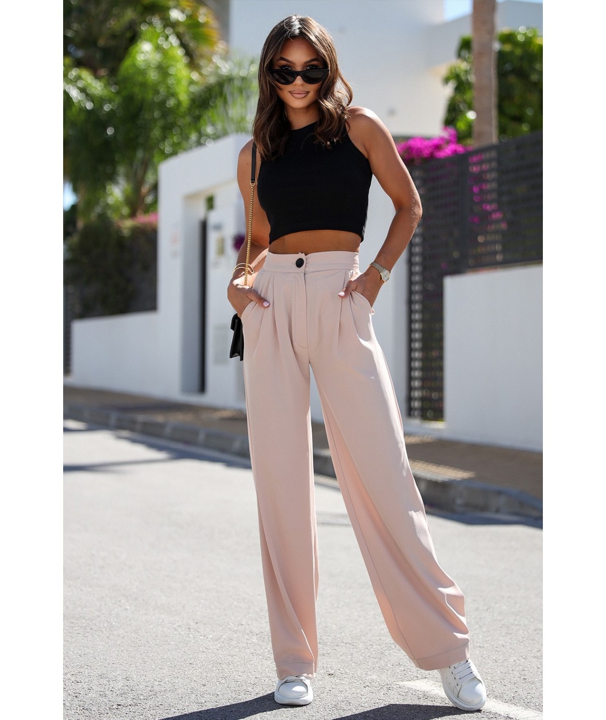 Szerokie beżowe spodnie z gumą w pasie Bahari palazzo