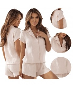 Muślinowa piżama Sensis rozpinana koszula + spodenki beżowa