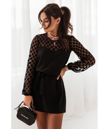 Czarna sukienka Malena z siateczką w grochy