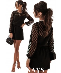 Czarna sukienka Malena z siateczką w grochy