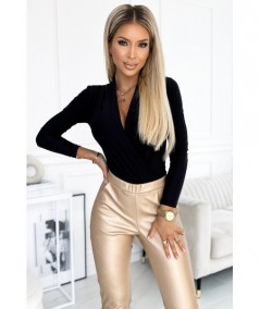 Czarne body z kopertowym dekoltem i długim rękawem Anna