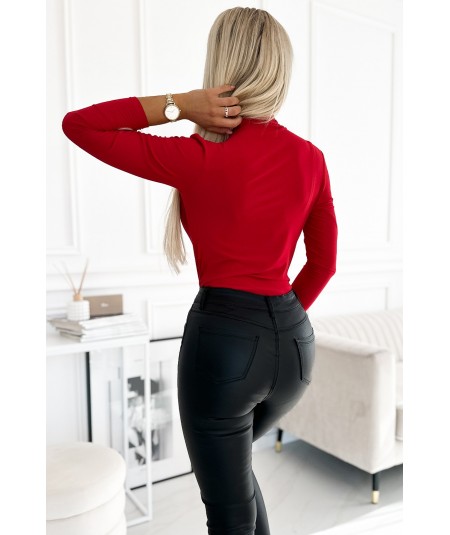 Czerwone body z kopertowym dekoltem i długim rękawem Anna