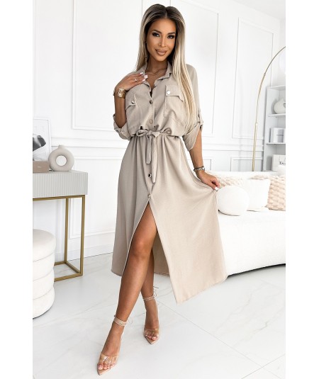 Beżowa sukienka typu Szmizjerka midi ze złotymi guzikami i wiązaniem