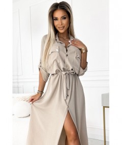 Beżowa sukienka typu Szmizjerka midi ze złotymi guzikami i wiązaniem