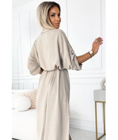 Beżowa sukienka typu Szmizjerka midi ze złotymi guzikami i wiązaniem