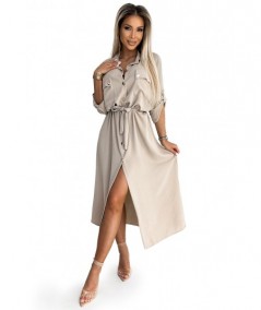 Beżowa sukienka typu Szmizjerka midi ze złotymi guzikami i wiązaniem