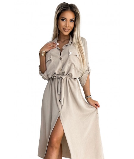 Beżowa sukienka typu Szmizjerka midi ze złotymi guzikami i wiązaniem