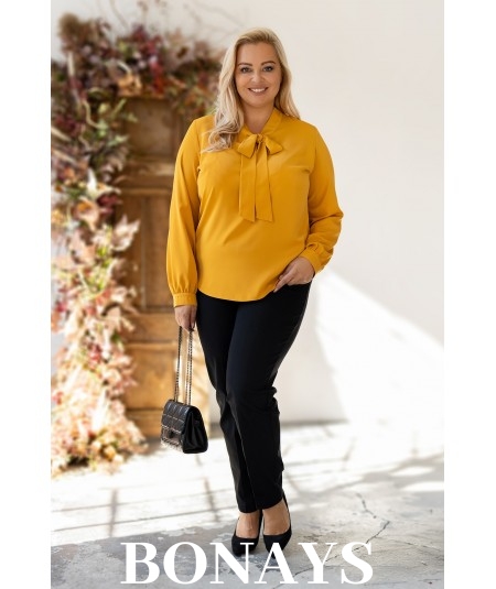 Gładka musztardowa koszula damska z krawatką wiązaną w kokardę