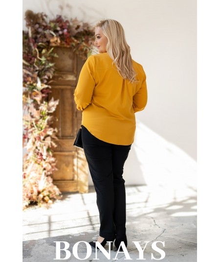 Gładka musztardowa koszula damska z krawatką wiązaną w kokardę