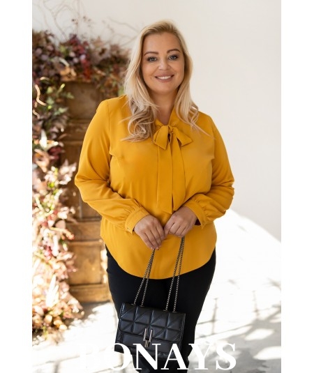 Gładka musztardowa koszula damska z krawatką wiązaną w kokardę