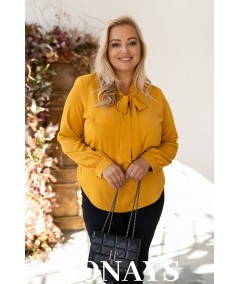 Gładka musztardowa koszula damska z krawatką wiązaną w kokardę