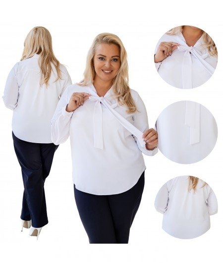 Gładka biała koszula damska z krawatką wiązaną w kokardę