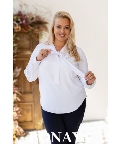 Gładka biała koszula damska z krawatką wiązaną w kokardę