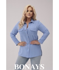 Błękitna długa koszula z kieszonkami na biuście SANDRA