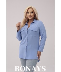 Błękitna długa koszula z kieszonkami na biuście SANDRA