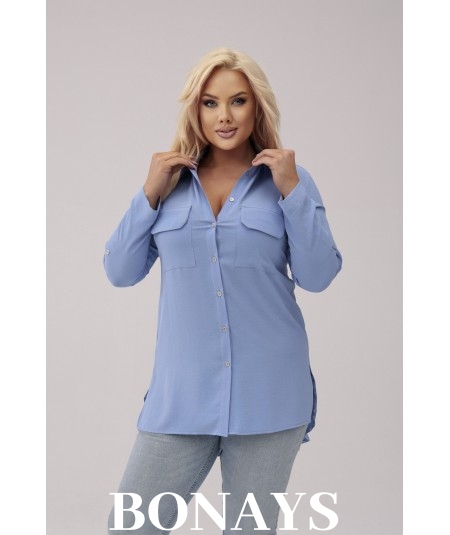 Błękitna długa koszula z kieszonkami na biuście SANDRA